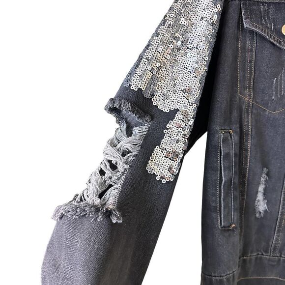 Fabrik Black Distressed Denim Embellished Jean Jacket Size Medium - Picture 7 of 13